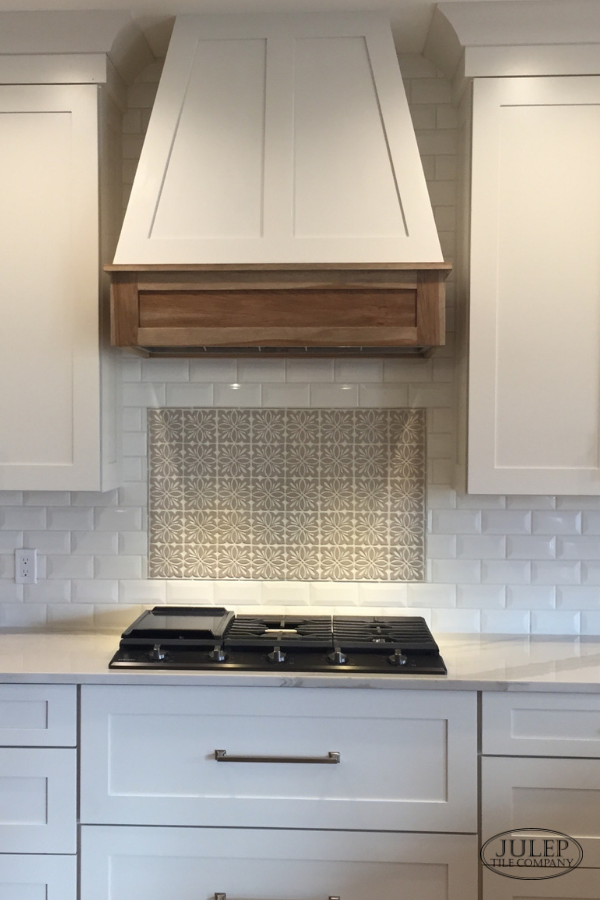 Farmhouse Kitchen Backsplash Ideas Julep Tile Company   White Farmhouse Kitchen With Handmade Tile Backsplash And Wood Oven Hood 